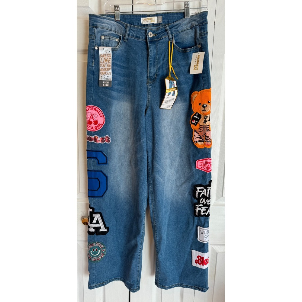 NEW Celebrity Ace Blue Embellished Wide Leg Retro Jeans 90's Women's Size 14